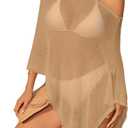 Off The Shoulder Sheer Crochet Vacation Outfits Poncho Sweater Top Summer Beach Cover Up (Khaki) Medium