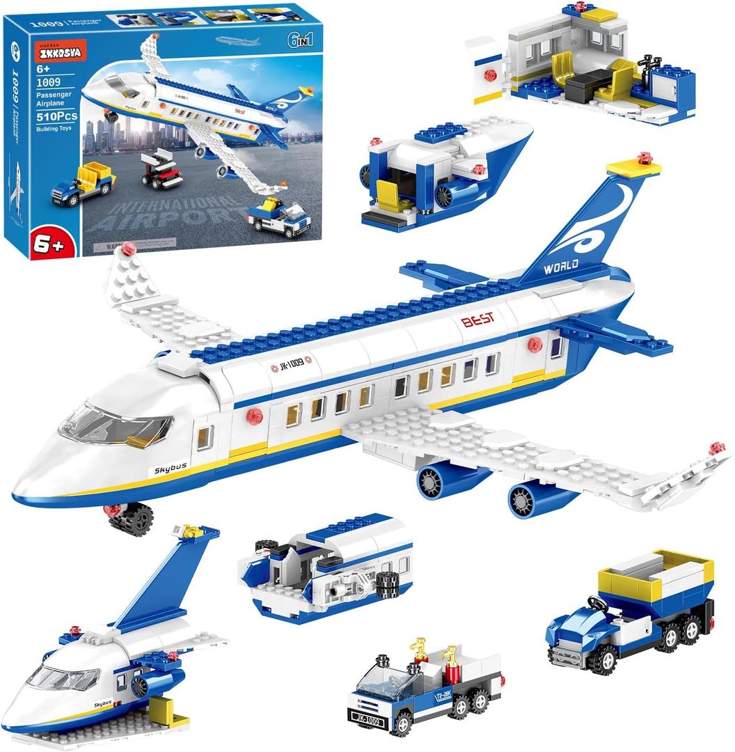 City Passenger Airplane Building Set,510 PCS STEM 6 in 1 Airport Passenger Plane Building Block Toy with Baggage Truck, Shuttle Bus, Christmas Birthday Gifts for Adults Boys Girls Age 6-12+