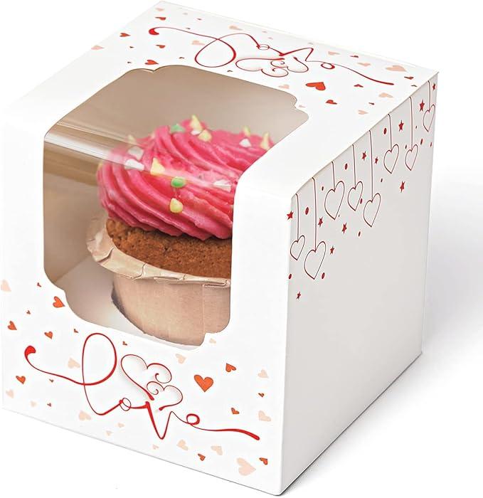 Happyhiram Heart Cupcake Boxes 25 Pcs, Individual Cupcake Box with insert and Window for Valentines Day Gift Boxes Cupcake Containers Single for Kids Valentine Gift Ornament Boxes for Party Favors