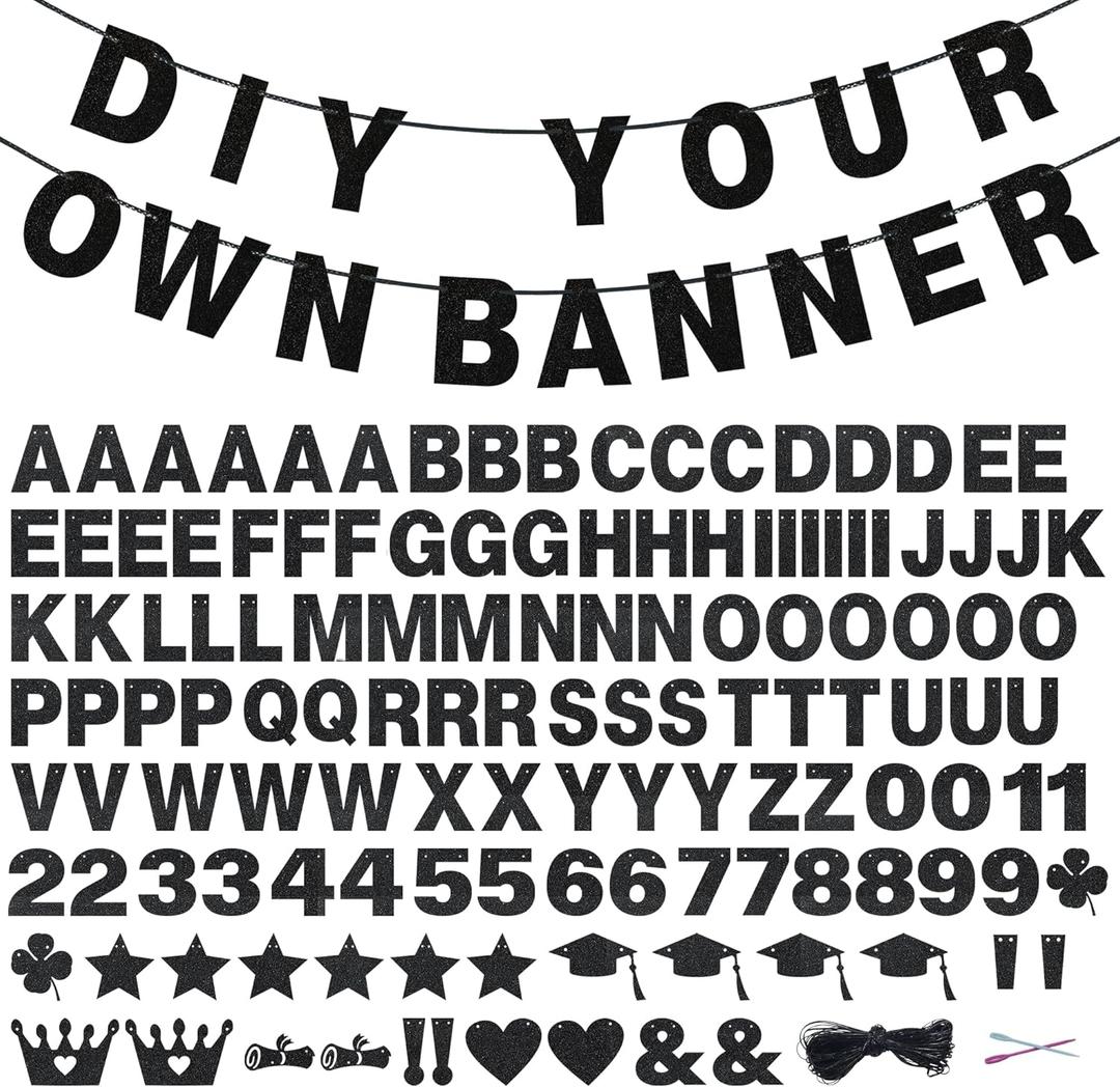 131 PCS Custom Banner Glitter DIY Letter Banners Personalized Banner for Birthday Congratulations Wedding Party Black 5-inch