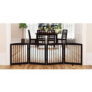 PUPETPO Freestanding Pet Gate for Dogs, Foldable Wooden Dog Gate for House, Indoor Dog Gate for Stair, Doorway, Gates for Dogs Indoor, 80 Inch Wide, 4 Panels 24", Brown