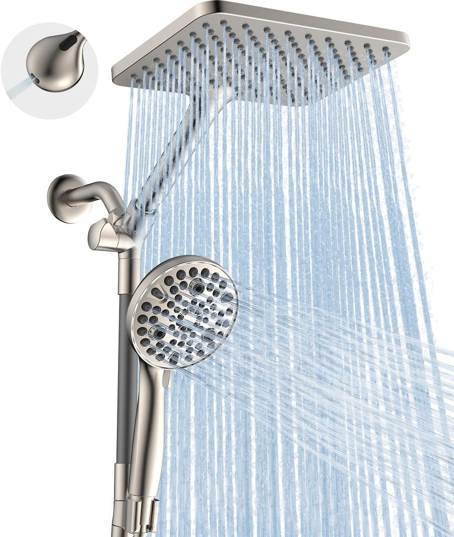 Dual Handheld Shower Head Combo, 2-in-1 Rain Shower Heads System Wide Rainfall Shower Head and 10 Modes High Pressure Hand Held Showerhead with Built-in Power Wash - Brushed Nickel