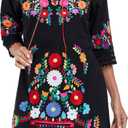 Mexican Dress for Women Embroidered Floral Dress V Neck Traditional Fiesta 3/4 Sleeve Lace Dress (XL, 323BK) 