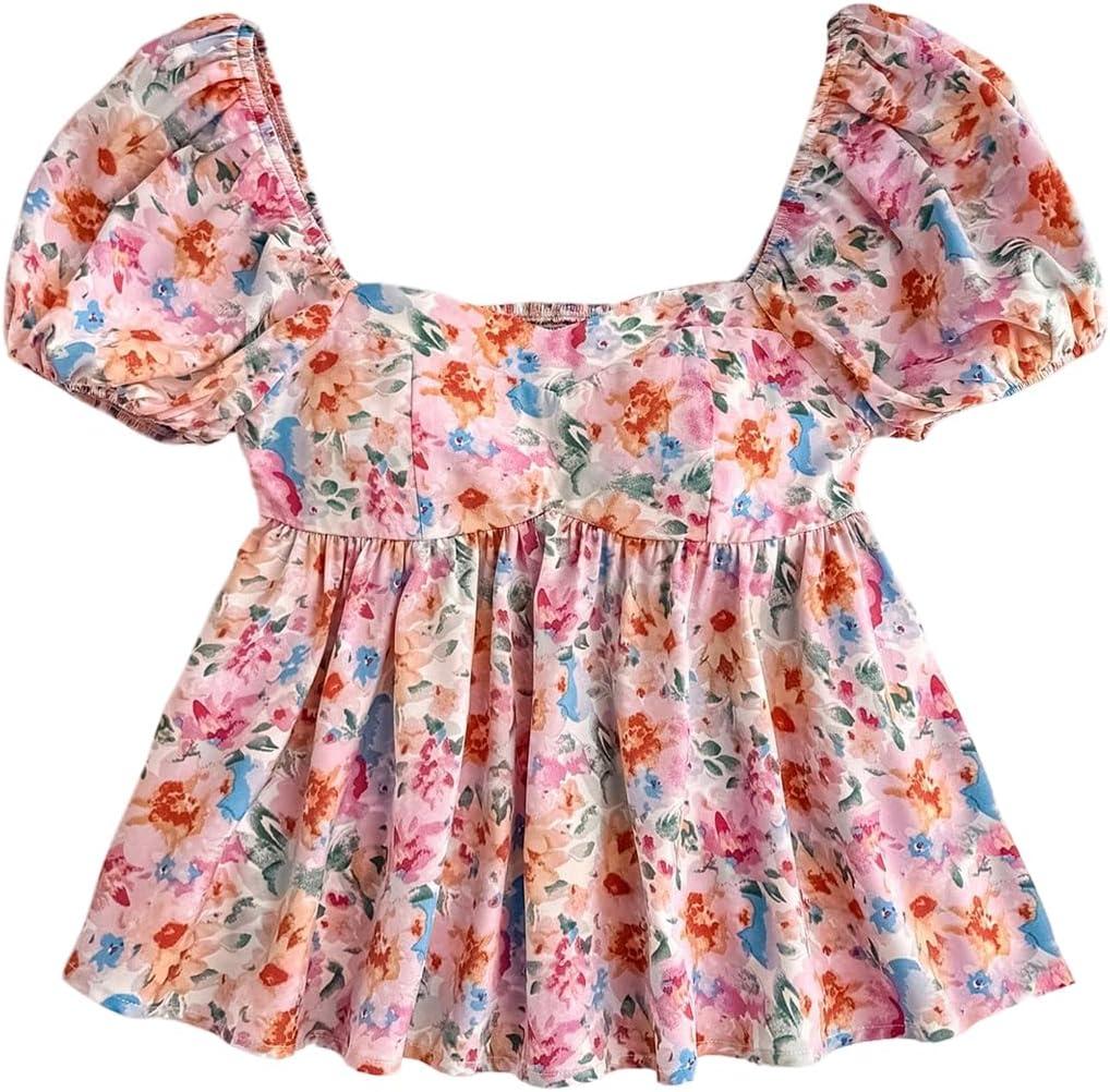 SweatyRocks Girl's Cute Floral Print Short Puff Sleeve Ruffled Blouse Square Neck Ruffle Peplum Tops (Pink)