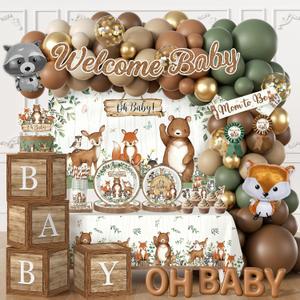 Woodland Baby Shower Decorations,273pcs Woodland Animals Baby Shower Decorations With Plates and Napkins Cups Tablecloth Backdrop Balloon Arch Cake Toppers for Woodland Creatures Baby Shower Supplies