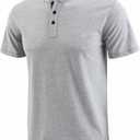Mens Henley Shirts Short Sleeve Cotton Basic T-Shirts Classic Fashion Casual Shirt (Blue, L)