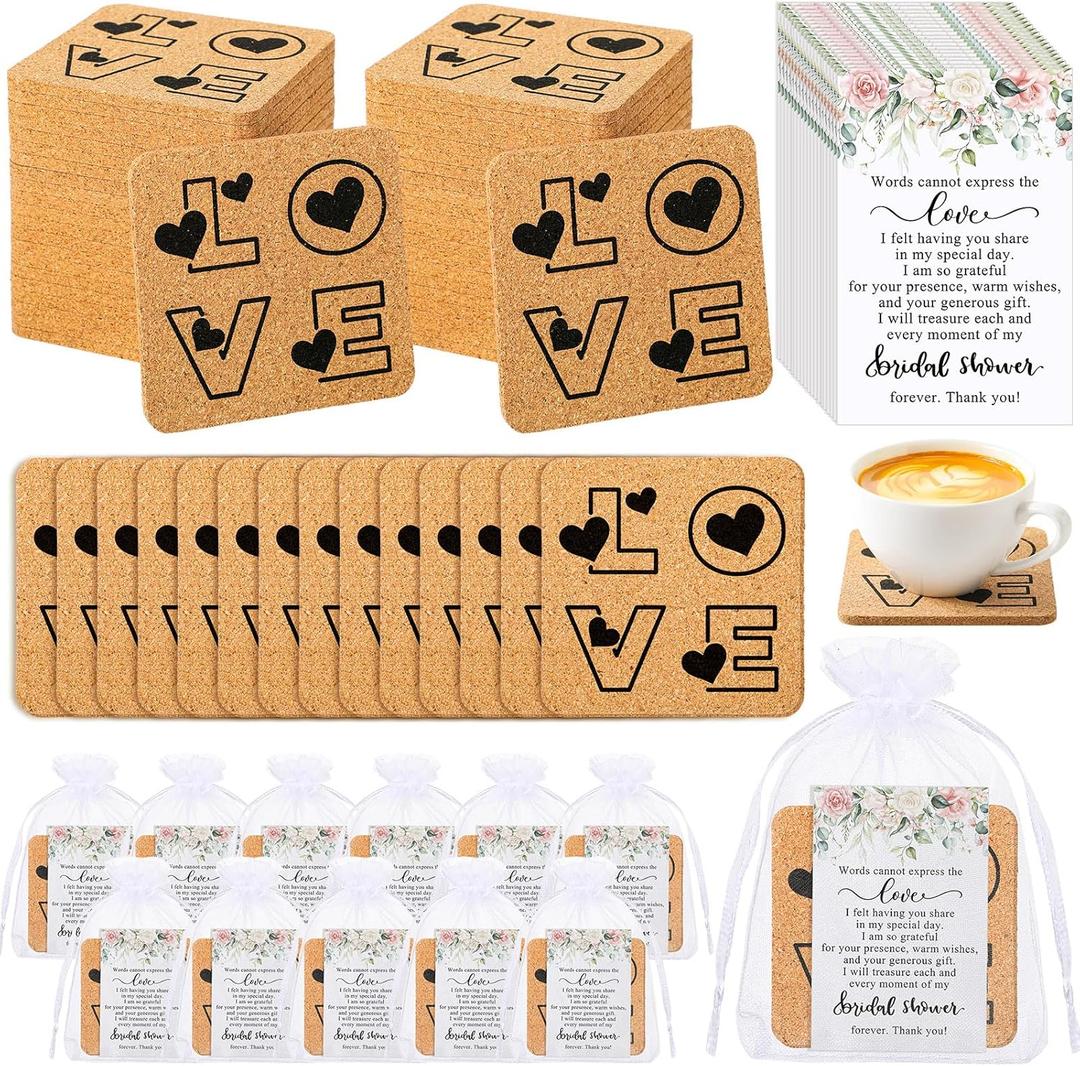 30 Sets Bridal Shower Favors for Guests Include 30 Love Square Cork Coasters Absorbent Cork Mat 30 Thank You Cards and Organza Bags Favors Coaster for Bridal Shower Wedding Party Souvenirs