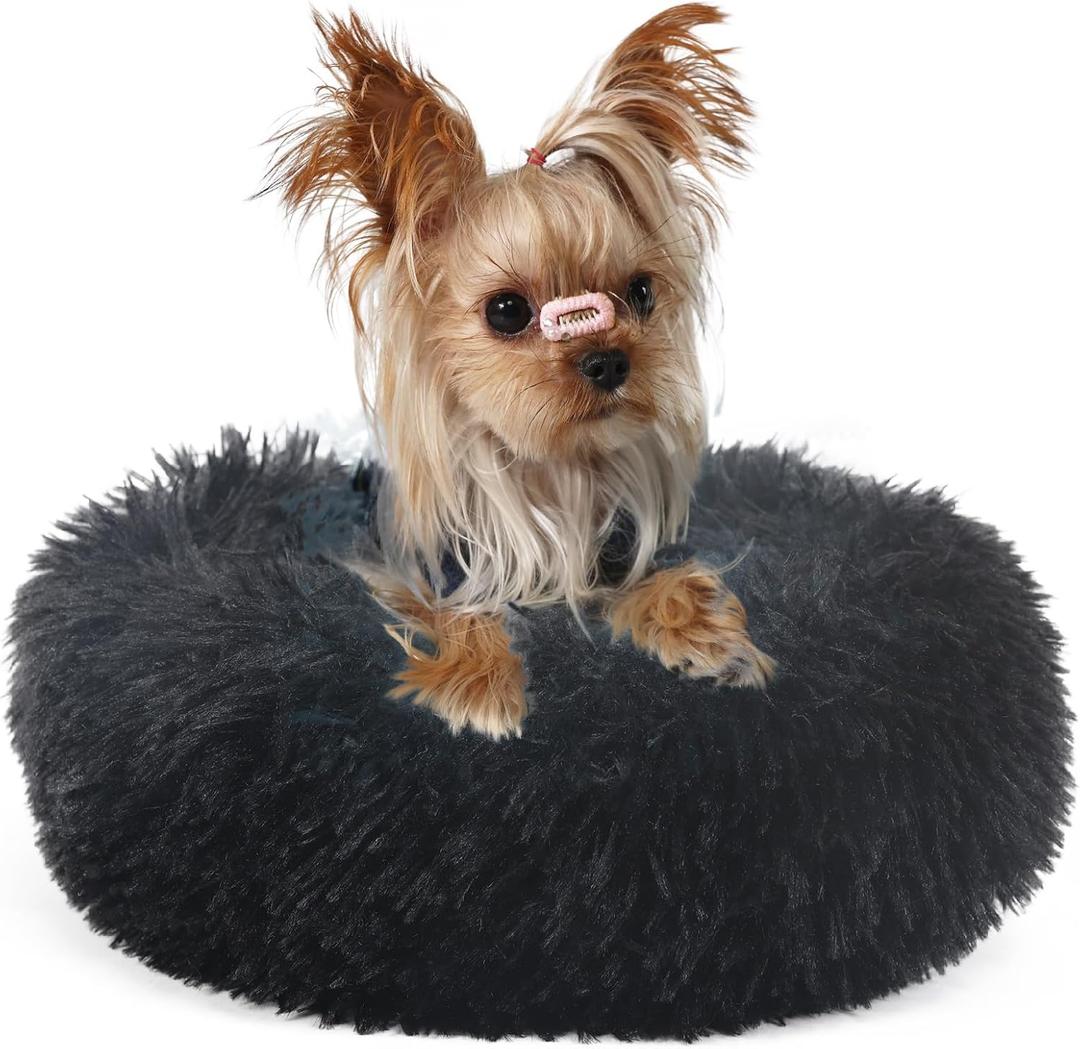 Black Dog Bed Extra Small Washable,Calming Dog Bed Princess for Small Dogs 15 inches Donut Soft Small Pet Bed,Anti Anxiety Round Fits up to 5 lbs Warm Comfort Pets Beds for Puppy Dogs Indoor