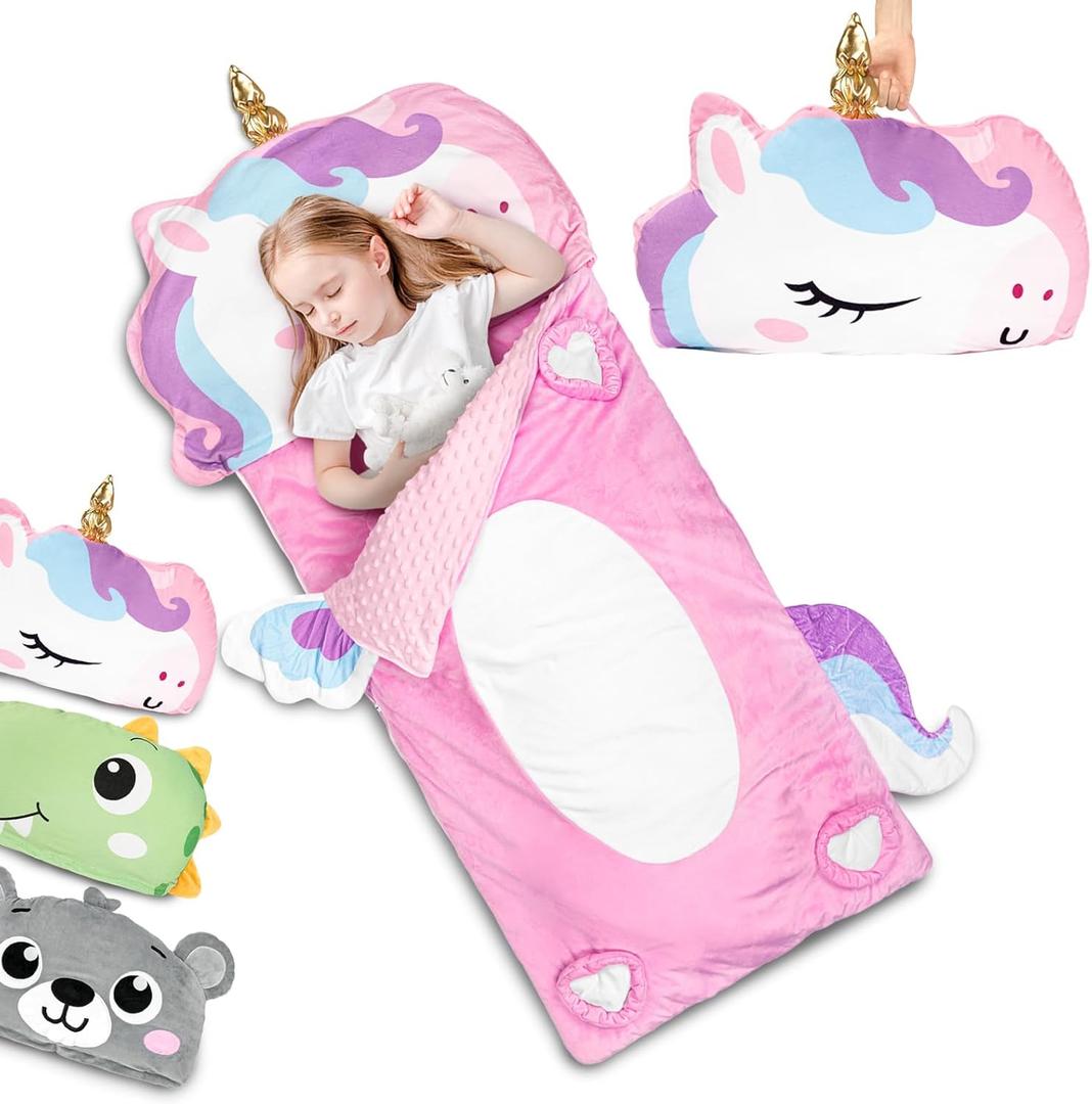 Primlect Kids Sleeping Bag with Pillow, Larger Toddler Nap Mat, Plush Slumber Bag for Boys Girls Daycare Preschool Kindergarten Birthday Gift Travel Sleepover Ages 3-6 Years (Pink Unicorn)