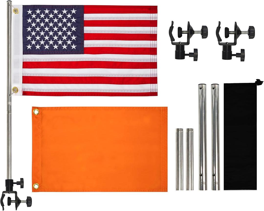 2 Pack Boat Flag Kit – 12"x18" American Flag with 50 Embroidered Stars & Orange Safety Flag, 2× Stainless Steel Boat Flag Poles, 2× Adjustable Flagpole Holders, Storage Bag Included – for Pontoon, Kayak, Water Ski & Tow Sports (12“x18”)