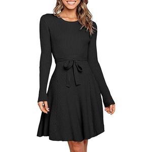 ANRABESS Women's Long Sleeve Midi Dress Crewneck Tie Waist A-Line Swing Casual Bodycon Ribbed Knit 2025 Fall Sweater Dress XL