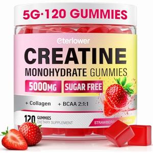 eterlower Creatine Monohydrate Gummies, 5g Creatine Gummies for Women & Men.Pre-Workout & Muscle Growth Support, Contains BCAA, Collagen, Sugar-Free, 120 Count, BBD 10/27/2027