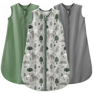 Yoofoss Baby Sleep Sack 6-12 Months Baby Wearable Blanket 100% Organic Cotton 2-Way Zipper Toddler Sleeping Sack, 3 Pack Soft Lightweight Sleep Sacks for Babies (Medium, Green&fox&gray)