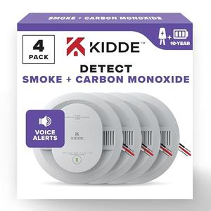 Kidde Hardwired Smoke & Carbon Monoxide Detector, 10-Year Battery Backup, Voice Alerts, Interconnectable LED Warning Light Indicators, 4 Pack 