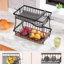 Large 2 Tier Fruit Basket for Kitchen Counter with 2 Banana Hangers, Metal Fruit Bowl with Protection Mats for Vegetable Bread Snack, Black, 14.5" W x 9.5" D