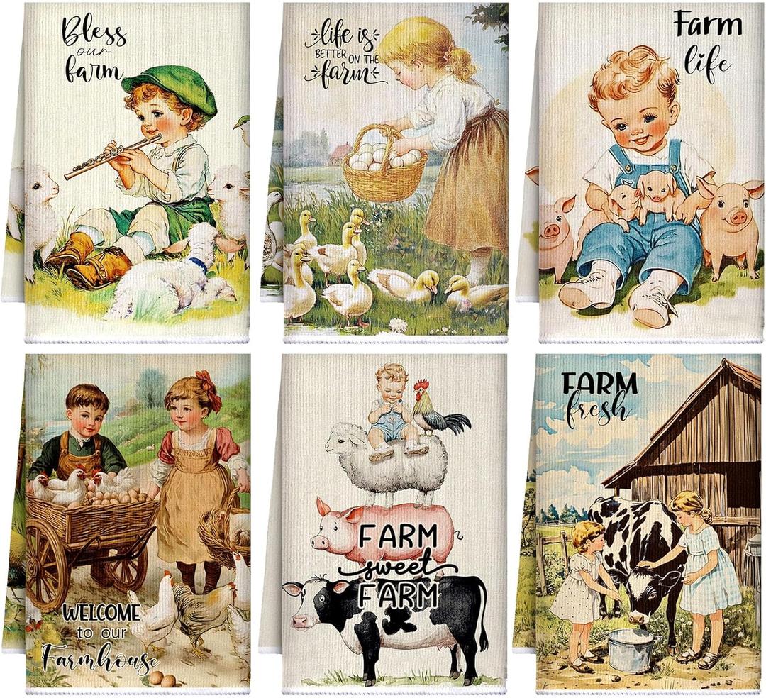 FuWeave 6 Pcs Farm Animal Kitchen Towels Country Retro Dish Towels Farmhouse Vintage Themed Absorbent Tea Hand Washcloth Rustic Gifts for Farm Animal Lovers Bathroom Decor Housewarming Gifts (Beige)