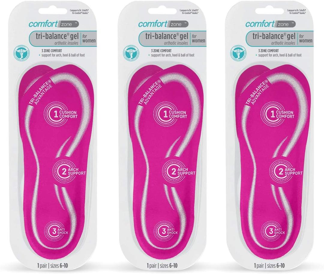 Comfort Zone Tri-Balance Gel Orthotic Insoles for Women, Non-Slip & Cushioned, Fits Well with Heel & Ball of Foot Supports, 3/4 Length Arch Support Inserts for Women, Sizes 6-10, 1 Pair, Pack of 3