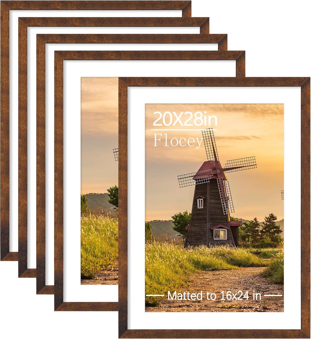 20x28 Picture Frame Set of 5, Rustic Brown Poster Frame, Display Pictures 16 x 24 with Mat or 20 x 28 Without Mat for Horizontal or Vertical Wall Mounting, Wall Gallery Frame, 20x28-5PACK