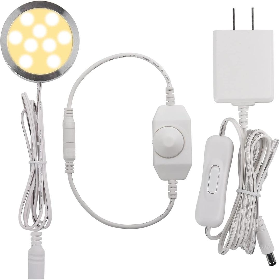 Under Cabinet LED Puck Lighting, Single Light for Hutch Bookcase Display Shelf Lighting, Rotary Dimmer Switch, 120VAC Plug in, White Cord, Warm White