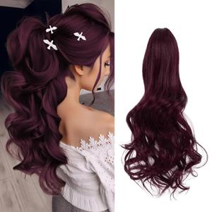 Felendy Ponytail Extension Claw 18" 20" Curly Wavy Straight Clip in Hairpiece One Piece A Jaw Long Pony Tails for Women Grape Red