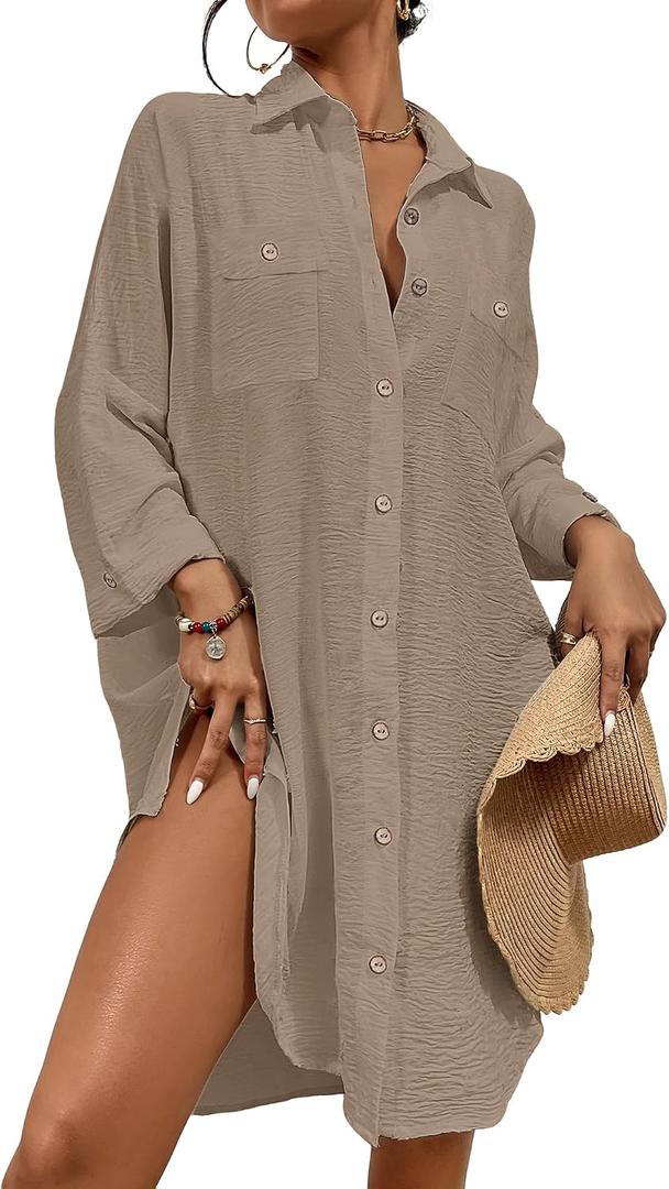Bsubseach Womens Modern Swimsuit Cover Up Blouse Button Down Shirt Dresses Tops, X-Small