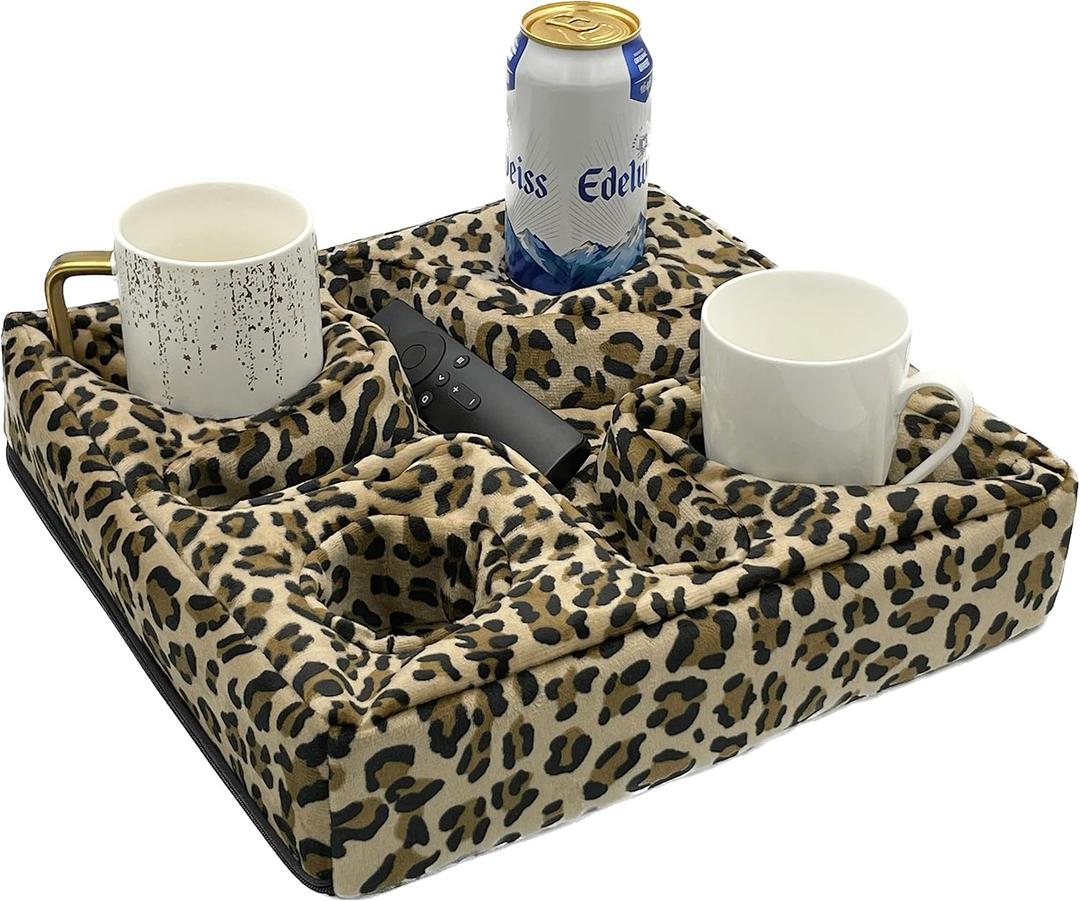 Couch and Bed Cup Holder Pillow, Sofa Refreshment Tray for Drinks/Remote Control/Snacks Holder (Leopard)