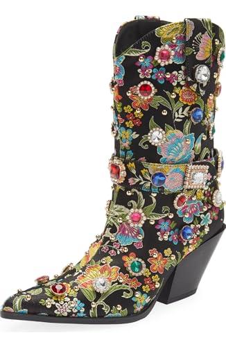 GPXGPX Western Cowboy Boots For Women Flower Embroidered Rhinestone Mid Calf Pointed Toe Chunky Heel Cowgirl Boots 8.5