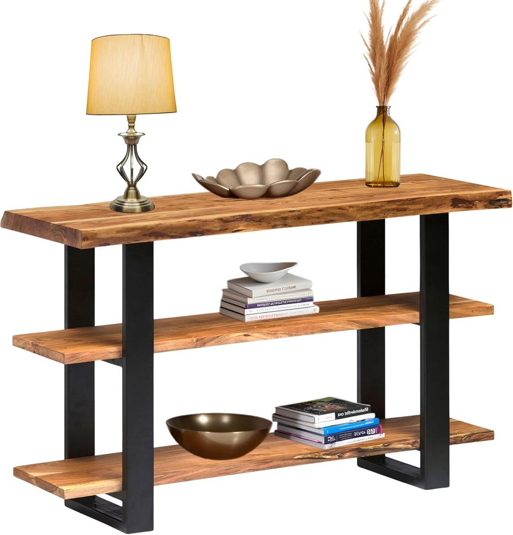 Alpine 3-Tier Live Edge Console Table with Metal Frame  48-Inch Solid Acacia Wood Entryway Table  Rustic Modern Industrial Sofa Table or Media Console by Alaterre Furniture (Natural Finish)