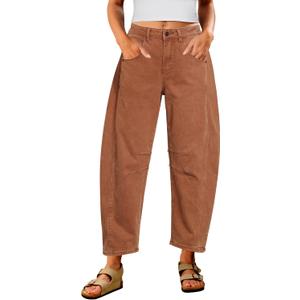 Utyful Barrel Jeans Women Cropped Baggy Trendy High Waisted Distressed Loose Stretch Denim Trouser Jeans with Pockets, Size: Medium