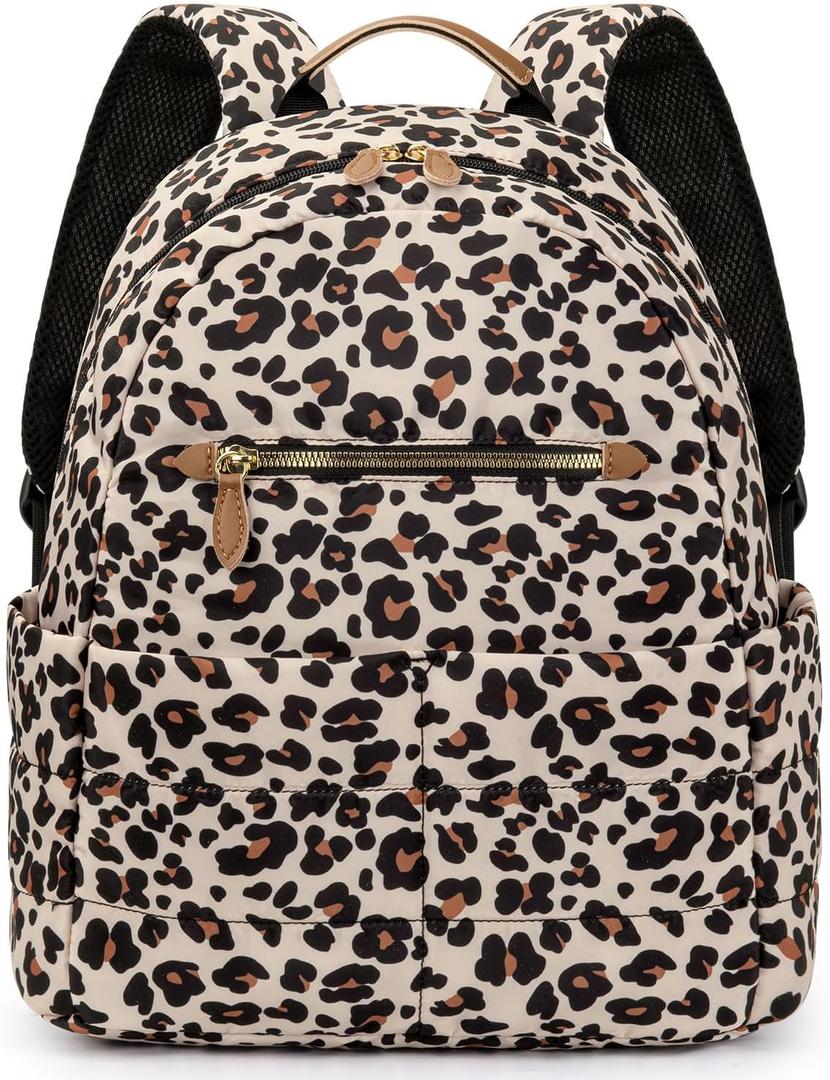 Tuwubi Small Backpack for Women, Cute Quilted Puffer Backpack with Multiple Pockets, Water-Resistant & Lightweight Casual Daypack Backpacks for Work, Travel-Leopard Print (14.3 Inch) (Medium)