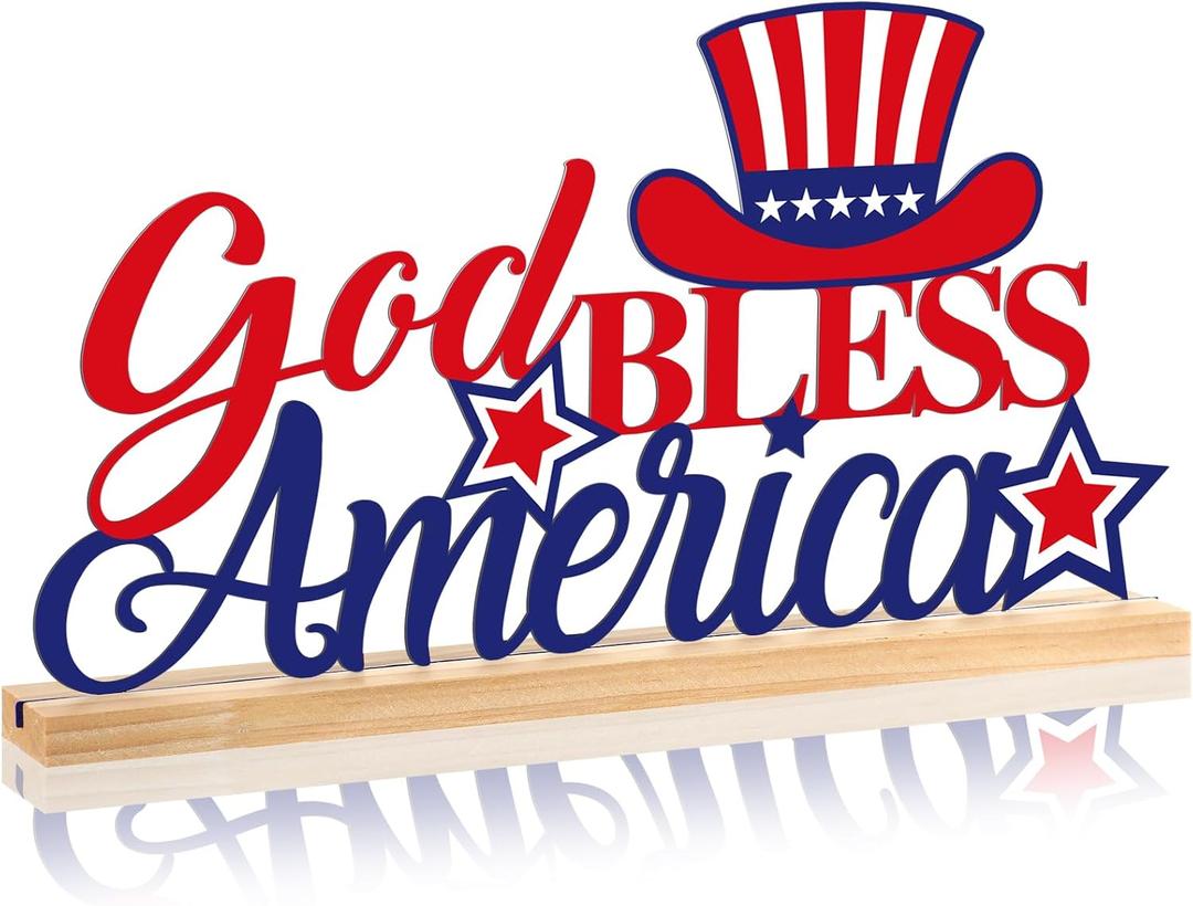 3 x Roowest Metal God Bless America Table Decor with Wooden Base Patriotic 4th of July Tabletop Centerpiece Sign Rustic Independence Day Tiered Tray Decoration for Home Memorial Day Veterans USA Party, 6.18 x 11.81 inches