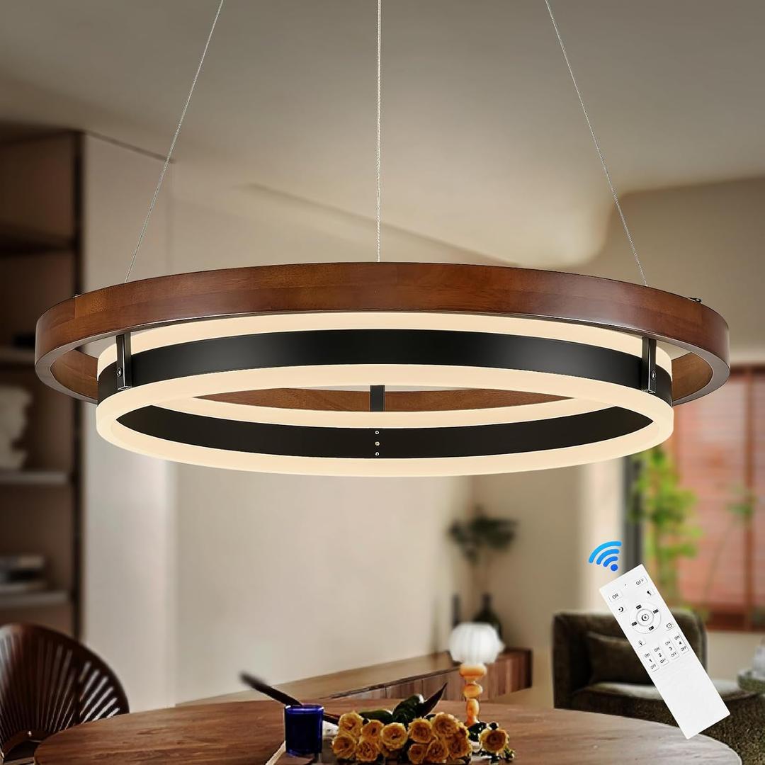 LED Ring Chandelier, Solid Walnut Wood LED Dining Room Light Fixtutre 24in, 23.6 in