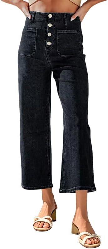 Womens Wide Leg Jeans Woman High Waisted Stretchy Baggy Cropped Denim Pants (Large, Black)