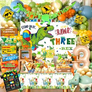 Three Rex Birthday Party Decorations Boy, Dinosaur 3rd Birthday Party Decorations Supplies, 3 Rex Backdrop Tablecloth Balloon Arch Cake Topper Birthday Banner Hat,Party Signs