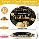 50PCS Black and Gold Birthday Oval Paper Plates 11inch Large Black Party Decorations Platters, Happy Birthday Party Heavy Duty Dish Tray for Men Women Gathering BBQ Dinner Tableware Supplies