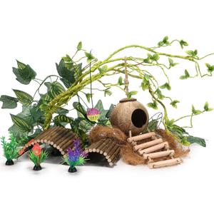 Crested Gecko Tank AccessoriesReptile Vines Plants with Coconut Shell Ladder Hideout Hermit Crab Decor for Bearded Dragon Lizard Chameleon Tortoise Snake