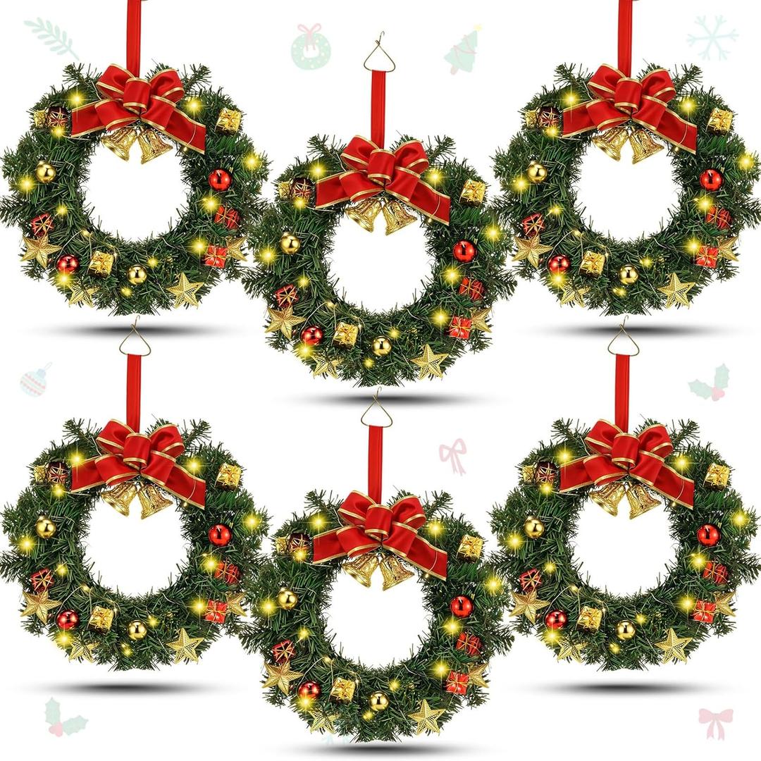 Lyrow 6 Pcs Lighted Christmas Wreath with Red Bow Ornament 13 Inch Prelit Xmas Battery Operated Christmas Wreaths for Front Door Outdoor Holiday Wall Indoor Xmas Decorations Party Decor(Stylish)