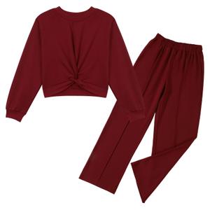 Zupora Girls Fall Outfits 2 Piece Sweatsuit Twist Front Pullover Sweatshirt Wide Leg Sweatpants Tracksuit Kid Clothing Set