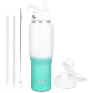 32oz Insulated Water Bottle, Fit in Any Car Cup Holder, Water Bottle with Straw Lids, Stainless Steel Insulated Water Flask Double Wall Leak-proof BPA Free to Keep Cold&Hot (White Cyan Gradient-A)