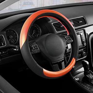 Road Comforts Steering Wheel Cover  Breathable Leather Steering Wheel Cover, Anti-Slip Grip, Universal Fit 14.5 to 15, Heat & Cold Resistant for Cars, SUVs, and Trucks  Black & Shining Orange