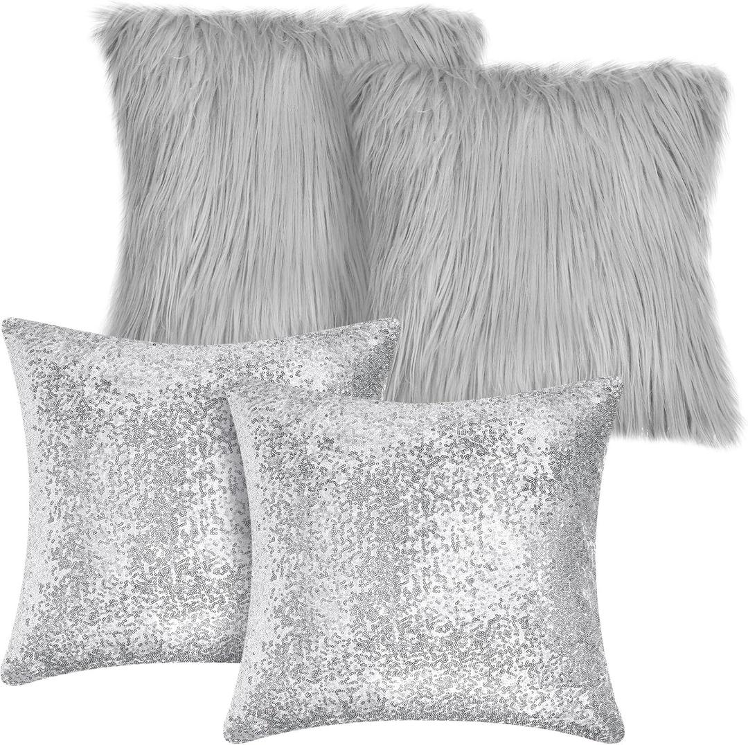 Irenare 4 Pcs Sequin and Fluffy Pillow Covers Winter Throw Pillow Cases Soft Cushion Cover for Couch Bed Sofa Xmas Day(18 x 18 Inch,Silver, Gray)