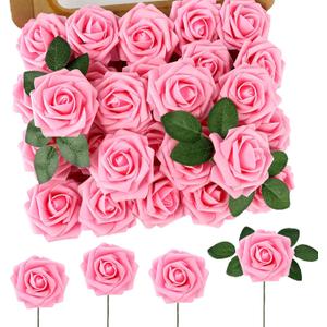 MACTING Pink Artificial Flower Roses 60PCS Real Touch Fake Flowers with Stem Foam Roses for DIY Wedding Bouquet Table Centerpieces Party Bridal Shower Birthday Home Spring Valentines Day Decorations