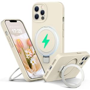 PuyaTeya Liquid Silicone Case for iPhone 11 pro MAX with Magnetic Ring Stand, Upgraded Camera Lens Protection, Mil-Grade Drop Shockproof, Anti-Scratch Microfiber Lining Silicone Case (Beige)