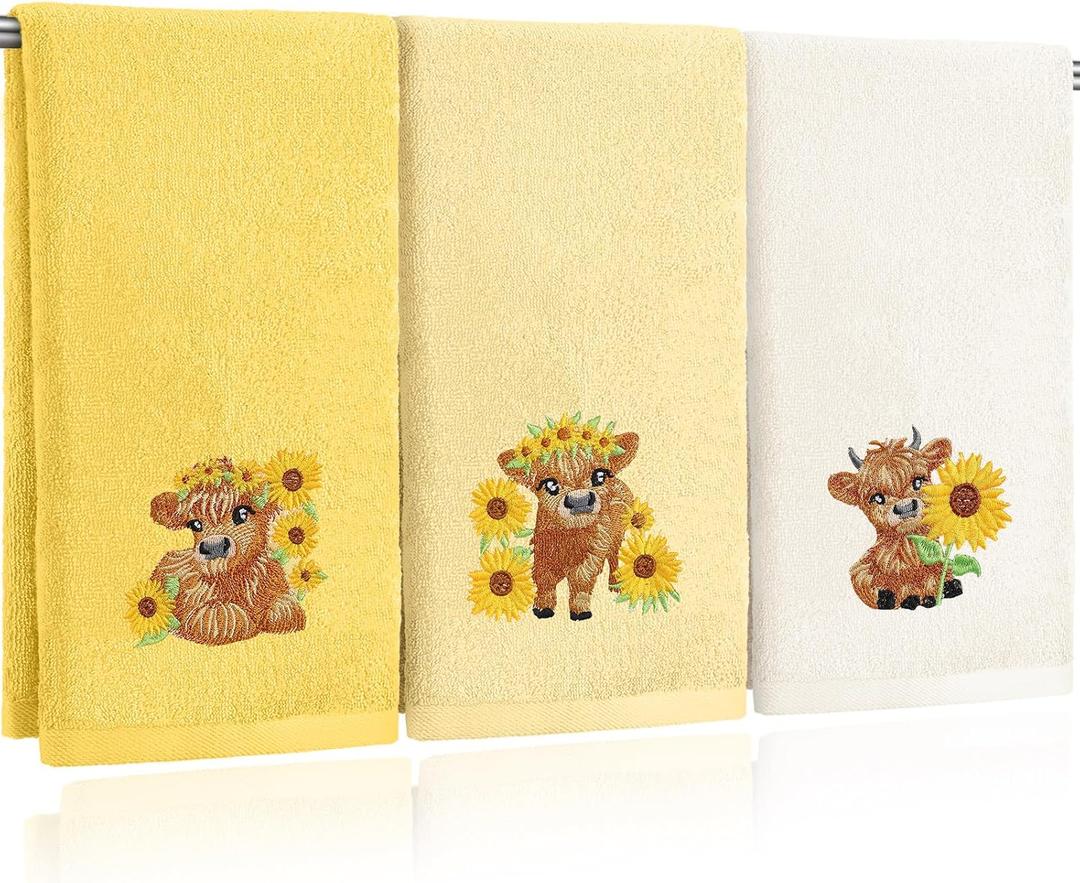 3 Pcs Sunflower Highland Cow Hand Towels Embroidered Highland Cow Farmhouse Yellow Decorative Bathroom Towels for Bathroom Kitchen Decor, 100% Cotton, 13.3 x 29.5'' (Bright Color)