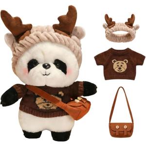 Dress Up Panda Plush with Clothes & Accessories, Kraft Paper Gift Box Packaging, Soft Panda Stuffed Animal Playset, Gift for Kids Toddlers, Pretend Play Fashion Plushie, 11 Inch(Brown)