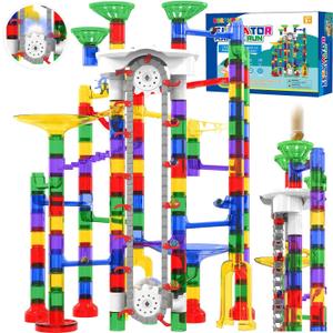 KERUVOTA Big Motorized Marble Run - Construction Building Blocks Toys 220Pcs Marble Race Track with Elevator, Educational STEM Game Christmas Birthday Gifts for Kids 3-5 4-8 8-12 (A-Colorful)
