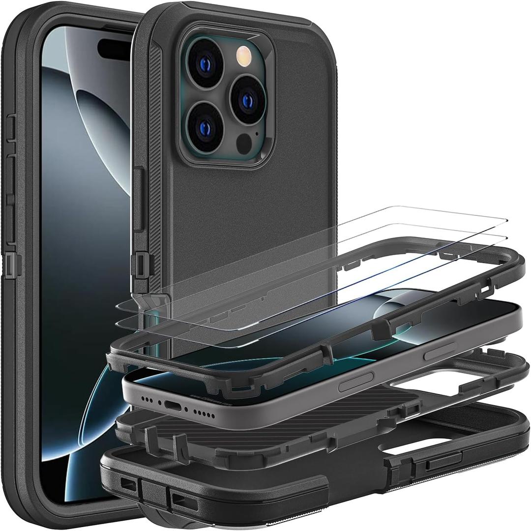 for iPhone 16 Pro Case, Military Grade 3 in 1 Heavy Duty Shockproof/Drop Proof/Dust Proof Case with 2Pcs Tempered Glass Screen Protector (Black/Black)