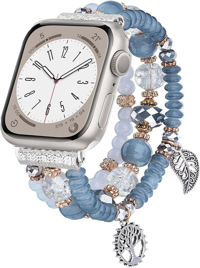 V-MORO Beaded Bracelet Compatible with Apple Watch Band 38mm/40mm/41mm/42mm(Series 10) 9 8 7 6 SE 5 4 Women Fancy Dressy Handmade Elastic Stretchy Strap Replacement Wristband Series 3 2 1(Gray) (Grey Blue)
