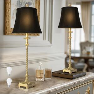 33'' Tall Vintage Table Lamp Set of 2, Candle Stick Buffet Lamps with Gold Leaf Finish and Black Linen Shades, 3-Way Dimmable Bulbs Included, Nightstand Lamps for Living Room Bedroom Dinning Entryway