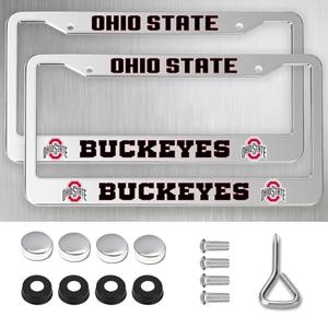 2 Packs for Ohio State Buckeyes License Plate Frames,2 Holes Silver License Plate Holder for OSU,Universal Aluminum Tag Frame for License Plate for Front and Rear Car Tags